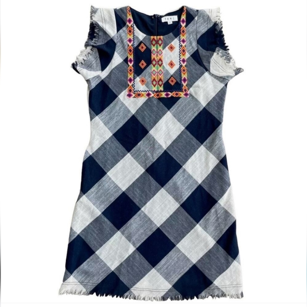 THML Checkered embroidered fringe sleeves dress women's size Medium - Picture 12 of 12